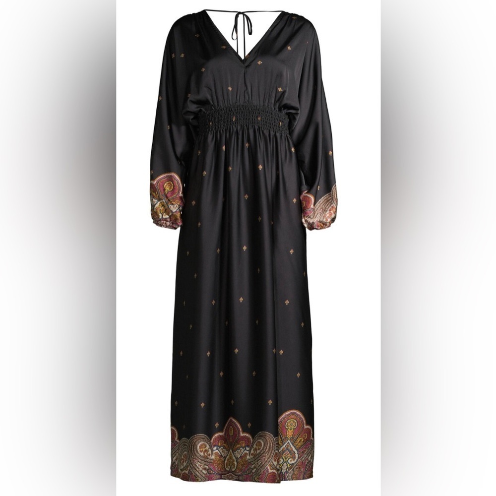 Scoop V-Neck Sinched Waist Dress Black Paisley Border, Size L